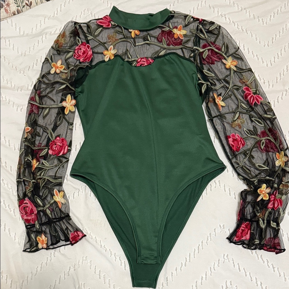 Green Bodysuit with Floral Embroidered Sleeves